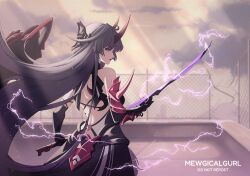 Rule 34 | 1girl, ahoge, armor, artist name, backless outfit, bare shoulders, black gloves, closed mouth, cloud, cloudy sky, electricity, fence, gloves, grey sky, half-closed eyes, highres, holding, holding sword, holding weapon, honkai (series), honkai impact 3rd, horns, japanese armor, katana, lipstick, long hair, looking at viewer, looking back, makeup, marina (mewgicalgurlart), outdoors, purple eyes, purple hair, purple lips, raiden mei, raiden mei (herrscher of thunder), rooftop, sky, solo, sword, weapon