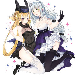 Rule 34 | 2girls, bare shoulders, blonde hair, blush, braid, breasts, cleavage, dress, formal, garter belt, girls&#039; frontline, gloves, green eyes, hair ornament, hairband, hat, high heels, hk416 (girls&#039; frontline), hk416 (starry cocoon) (girls&#039; frontline), jewelry, kneeling, long hair, looking at viewer, medium breasts, mo (k40633), multiple girls, necklace, official alternate costume, open mouth, purple eyes, silver hair, smile, sr-3mp (bunny macchiato) (girls&#039; frontline), sr-3mp (girls&#039; frontline), teardrop tattoo, thighhighs, tongue, tongue out, v, very long hair