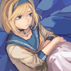 Rule 34 | 1girl, arms on knees, black choker, blonde hair, blue background, blue eyes, blue headband, blue sailor collar, blunt bangs, bob cut, brown serafuku, choker, closed mouth, commentary, crossed arms, from above, from side, hair between eyes, headband, light blue background, looking ahead, namikare (tuyu), neckerchief, nose, sailor collar, school uniform, serafuku, sitting, skirt, solo, tuyu (band), water drop, white skirt, yellow neckerchief, yuugurin