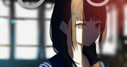 Rule 34 | 1girl, amemori sayo, blurry, blurry background, braid, brown eyes, brown hair, closed mouth, commentary, expressionless, eyelashes, hair ribbon, highres, isshiki (ffmania7), long hair, looking at viewer, nijisanji, portrait, ribbon, sailor collar, shade, solo, sunlight, train interior, twin braids, virtual youtuber