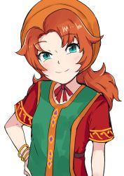 Rule 34 | 1girl, absurdres, closed mouth, curly hair, dragon quest, dragon quest vii, dress, green eyes, highres, hood, kinoshita (k1n0shita), long hair, looking at viewer, maribel (dq7), orange hair, simple background, smile, solo, white background