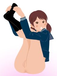 Rule 34 | 1girl, afunai, anus, blush, bottomless, brown eyes, brown hair, cleft of venus, female focus, full body, gradient background, kneepits, legs up, long hair, long sleeves, looking at viewer, low twintails, open mouth, original, pink background, pussy, school uniform, serafuku, shirt, short twintails, sitting, socks, solo, surprised, twintails, uncensored, white background