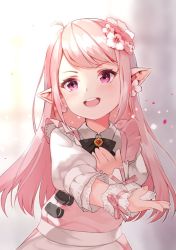 Rule 34 | 1girl, bad id, bad pixiv id, dress, earrings, final fantasy, final fantasy xiv, flower, hair flower, hair ornament, hand on own chest, hoshi usagi, jewelry, lalafell, long hair, music, open mouth, outstretched arm, pink dress, pink eyes, pink hair, pointy ears, singing, solo, upper body