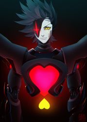 Rule 34 | 1boy, absurdres, android, black background, black hair, colored sclera, colored skin, eyelashes, eyepatch, grey skin, heart, highres, looking at viewer, male focus, mettaton, mettaton neo, red eyes, solo, spiked hair, undertale, upper body, yellow sclera, yokaze (xxxdisxxx)