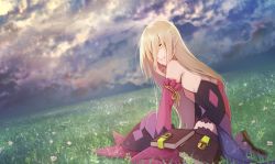 Rule 34 | 1girl, asymmetrical sleeves, bare shoulders, blonde hair, book, breasts, cloud, cloudy sky, crying, crying with eyes open, detached sleeves, field, green eyes, hair over eyes, hat, unworn hat, unworn headwear, hip vent, long hair, looking at viewer, magilou (tales), making-of available, mismatched sleeves, sideboob, sitting, sky, small breasts, solo, tales of (series), tales of berseria, tears, tusia, very long hair