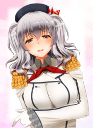 Rule 34 | 10s, 1girl, blue eyes, blush, breasts, cleavage, epaulettes, gloves, hat, highres, kantai collection, kashima (kancolle), kiko (okuwae), large breasts, long hair, looking at viewer, military, military uniform, silver hair, solo, twintails, uniform, wavy hair, weavehabit