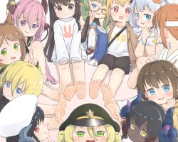 Rule 34 | 6+girls, :d, :p, ?, animal ear fluff, animal ears, baigao, baigao-ji (baigao), bare legs, barefoot, black hair, blonde hair, blue eyes, blue hair, blush, borrowed character, brown hair, child, chinese commentary, commentary request, dark-skinned female, dark skin, demon girl, demon tail, feet, glasses, green eyes, green hair, hair between eyes, hair ornament, hairclip, hat, headband, heart, heart-shaped pupils, heart in mouth, highres, horns, looking at viewer, multiple girls, open mouth, original, pink hair, pointy ears, purple eyes, red eyes, semi-rimless eyewear, shorts, sleeves past wrists, smile, symbol-shaped pupils, tail, tongue, tongue out, under-rim eyewear, v, yellow eyes