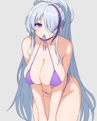 Rule 34 | 1girl, asamura hiori, azur lane, bare shoulders, bent over, bikini, bikini in mouth, bra in mouth, breasts, choker, cleavage, clothes in mouth, collarbone, grey background, hair over one eye, high ponytail, highres, large breasts, long hair, multicolored hair, navel, o-ring, o-ring bikini, official alternate costume, purple bikini, purple choker, purple hair, sagging breasts, sidelocks, simple background, solo, streaked hair, swimsuit, unzen (azur lane), unzen (sojourn through clear seas) (azur lane), very long hair, white hair