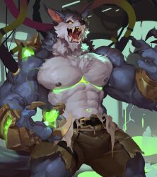 Rule 34 | 1boy, abs, bara, belt, biceps, brown shorts, chest tuft, fangs, furry, furry male, glowing, large pectorals, league of legends, male focus, muscular, muscular male, nipples, null-ghost, pectorals, scar on shoulder, sharp teeth, shorts, teeth, thick thighs, thighs, unfinished, veins, warwick, yellow eyes, zipper