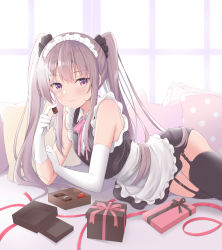 Rule 34 | 1girl, apron, armpit crease, asymmetrical gloves, bare shoulders, black dress, black thighhighs, dress, elbow gloves, frilled dress, frills, garter straps, gloves, grey hair, has bad revision, has downscaled revision, highres, long hair, looking at viewer, maid, maid apron, maid headdress, neck ribbon, original, purple eyes, resolution mismatch, ribbon, short dress, sidelocks, sleeveless, sleeveless dress, smile, solo, source smaller, thighhighs, thighs, twintails, uneven gloves, waist apron, white gloves, yoshikita popuri, zettai ryouiki