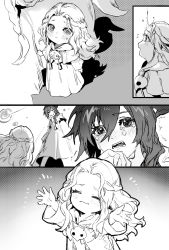 Rule 34 | 2girls, ^ ^, animal ears, braid, capelet, cat ears, chinese commentary, closed eyes, comic, commentary request, crying, crying with eyes open, fangs, final fantasy, final fantasy xiv, frown, greyscale, half updo, halftone, happy tears, heichuan mocha naigaita, highres, hood, hooded capelet, imminent hug, long hair, looking at another, looking down, mask, mask around neck, unworn mask, medium hair, mini person, minigirl, miqo&#039;te, mixed-language commentary, monochrome, multiple girls, notice lines, open mouth, outstretched arm, robe, single braid, size difference, smile, standing, sweatdrop, tears, venat (ff14), warrior of light (ff14), wavy hair