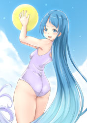 Rule 34 | 1girl, :d, alternate costume, arched back, armpits, arms up, ass, ball, bare arms, bare shoulders, blue eyes, blue hair, blue sky, blush, breasts, cloud, commentary request, company connection, day, from behind, gradient hair, grey one-piece swimsuit, highres, holding, holding ball, kantai collection, koru pera, legs together, light blue hair, long hair, looking at viewer, looking back, multicolored hair, one-piece swimsuit, open mouth, outdoors, parted bangs, samidare (kancolle), sky, small breasts, smile, solo, straight hair, swimsuit, thighs, very long hair, white one-piece swimsuit, wide hips