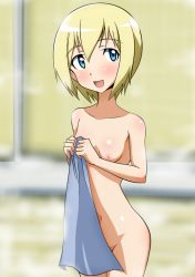 Rule 34 | 1girl, :d, blonde hair, blue eyes, blush, breasts, erica hartmann, highres, navel, nipples, nude, open mouth, short hair, small breasts, smile, solo, strike witches, towel, world witches series, yumekaranigeruna