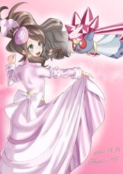 Rule 34 | 1girl, :d, bad id, bad twitter id, blush, bow, brown hair, clenched hand, clothes lift, commentary request, creatures (company), diancie, dress, dress lift, frills, game freak, gen 6 pokemon, harota 615, hat, highres, hilda (pokemon), hilda (special costume) (pokemon), legendary pokemon, long hair, long sleeves, mini hat, mythical pokemon, nintendo, official alternate costume, open mouth, pink background, pink headwear, pokemon, pokemon (creature), pokemon masters ex, sidelocks, smile, teeth, tongue, white bow