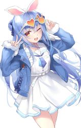 Rule 34 | 1girl, ;d, belt, blue hair, blue jacket, blue neckerchief, commentary, dress, hair between eyes, hair ribbon, heart, heart-shaped pupils, highres, hololive, jacket, long hair, long sleeves, looking at viewer, neckerchief, one eye closed, open clothes, open jacket, open mouth, pdxen, rabbit-shaped eyewear, red eyes, ribbon, sailor collar, short eyebrows, sleeves past wrists, smile, solo, sunglasses, symbol-only commentary, symbol-shaped pupils, thick eyebrows, usada pekora, usada pekora (casual), very long hair, virtual youtuber, white belt, white dress, white sailor collar