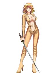 Rule 34 | 1girl, absurdres, alternate costume, alternate hair length, alternate hairstyle, arm at side, blonde hair, bodysuit, boots, breasts, bruce lee&#039;s jumpsuit, cleavage, collarbone, colored eyelashes, contrapposto, cosplay, full body, high heel boots, high heels, highres, holding, holding sword, holding weapon, junko (touhou), katana, kill bill, large breasts, lips, navel, no bra, open clothes, parted lips, red eyes, short hair, solo, standing, sword, tk31, touhou, transparent background, unzipped, wall of text, wavy hair, weapon, white background, yellow footwear