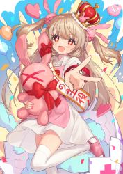 Rule 34 | + +, 1girl, :d, apron, balloon, bow, buttons, collared dress, commentary request, crown, dot nose, dress, fang, foreshortening, hair ornament, heart, highres, holding, holding stuffed toy, leg up, light brown hair, long hair, looking at viewer, mini crown, nail polish, natori sana, open mouth, outstretched arm, pink apron, pink footwear, pink nails, pocket, rabbit hair ornament, red bow, red eyes, sana channel, sandals, sash, smile, solo, stuffed animal, stuffed rabbit, stuffed toy, thighhighs, translation request, two side up, v, virtual youtuber, white dress, white thighhighs, x, zumi tiri