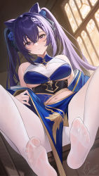 Rule 34 | 1girl, alternate costume, bare shoulders, blue dress, blush, breasts, catsmoon, closed mouth, crossed bangs, double bun, dress, feet, genshin impact, hair bun, hair ornament, highres, keqing (genshin impact), large breasts, long hair, long sleeves, looking at viewer, navel, off shoulder, pantyhose, purple eyes, purple hair, signature, sitting, soles, solo, spread legs, thighs, twintails, underboob, white pantyhose