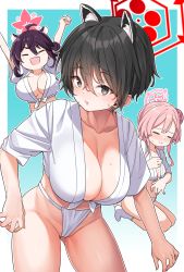 Rule 34 | 3girls, ahoge, alternate costume, animal ears, black hair, blue archive, blush, breasts, cleavage, closed eyes, collarbone, front-tie top, fundoshi, groin, hair bun, hair ornament, halo, highres, japanese clothes, kaede (blue archive), konnyaku (kk-monmon), large breasts, long hair, looking at viewer, mimori (blue archive), mizu happi, multiple girls, open mouth, pink hair, short hair, simple background, smile, sweatdrop, tsubaki (blue archive)