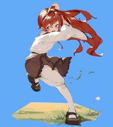 Rule 34 | 1girl, absurdres, acccty, ahoge, black hairband, black skirt, blue background, blush, bunching hair, eris greyrat, flower, grass, hairband, highres, leg up, long hair, long sleeves, mushoku tensei, open mouth, pantyhose, red eyes, red hair, simple background, skirt, solo, standing, standing on one leg, white pantyhose, wide sleeves