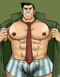 Rule 34 | abs, absurdres, ace attorney, bandaid, bandaid on face, bara, bare pectorals, bulge, dick gumshoe, facial hair, goatee, highres, large pectorals, male focus, male underwear, muscular, muscular male, nipples, pectorals, stubble, takuung, underwear, yaoi