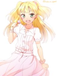 Rule 34 | 10s, 1girl, blonde hair, collarbone, flower, green eyes, hair ornament, holding, idolmaster, idolmaster cinderella girls, jougasaki rika, long hair, ookami maito, open mouth, see-through silhouette, simple background, solo, two side up, white background