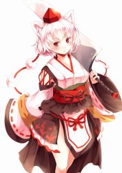 Rule 34 | 1girl, albino, alternate hair color, animal ears, black skirt, blush, breasts, artistic error, frown, gradient hair, hat, highres, inubashiri momiji, kanzakietc, kourindou tengu costume, leaf print, long sleeves, looking at viewer, medium breasts, multicolored hair, obi, open clothes, open skirt, over shoulder, pelvic curtain, pink hair, red eyes, ribbon, ribbon-trimmed sleeves, ribbon trim, sash, short hair, simple background, skirt, solo, sword, sword over shoulder, thighs, tokin hat, touhou, weapon, weapon over shoulder, white background, white hair, wide sleeves, wolf ears