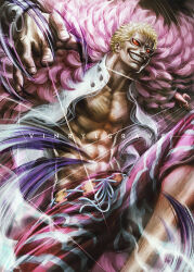 Rule 34 | 1boy, abs, artist name, blonde hair, clenched teeth, coat, commentary, donquixote doflamingo, earrings, english commentary, evil smile, feather coat, jewelry, male focus, one piece, open clothes, red-tinted eyewear, short hair, silk, smile, solo, spider web, sunglasses, teeth, tinted eyewear, vinrylgrave, white-framed eyewear