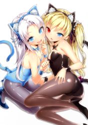 Rule 34 | 10s, 2girls, absurdres, animal ears, ass, bare shoulders, blonde hair, blue eyes, boku wa tomodachi ga sukunai, breasts, buriki, cat ears, cat tail, cleavage, fake animal ears, fang, flat chest, hairband, hasegawa kobato, heterochromia, high heels, highres, kittysuit, kneeling, long hair, looking at viewer, lying, multiple girls, nontraditional playboy bunny, open mouth, pantyhose, red eyes, ribbon, shiny clothes, shoes, small breasts, smile, tail, tail ornament, tail ribbon, takayama maria, trefoil, two side up, white hair, wrist cuffs