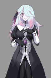 Rule 34 | 1girl, black dress, black survival, chiara (black survival), dress, feather hair ornament, feathers, grey background, hair ornament, hair over one eye, highres, long hair, nun, obex117, pale skin, pink eyes, runny makeup, simple background, solo, tagme, white hair