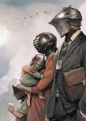 Rule 34 | 2boys, 2girls, absurdres, arm at side, armor, baby, bag, bird, black hair, black necktie, black suit, bow, child, cloud, cloudy sky, drinking, drinking straw, flock, flying, formal, goose, grey sky, hand in pocket, handbag, helm, helmet, highres, holding baby, juice box, long sleeves, multiple boys, multiple girls, name tag, necktie, original, outdoors, pacifier, ponytail, red bow, shirt, short sleeves, sky, standing, suit, t-shirt, tahra, watch, wristwatch
