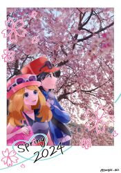 Rule 34 | 1boy, 1girl, 2024, :d, bag, black-framed eyewear, black hair, blonde hair, blue jacket, breasts, calem (pokemon), cherry blossoms, closed mouth, creatures (company), game freak, grey eyes, grey shirt, handbag, hat, heart, heart of string, highres, jacket, long hair, medium breasts, nintendo, open mouth, photo background, pink bag, pink hat, pokemon, pokemon xy, purple-tinted eyewear, rain (tonight 862), red hat, serena (pokemon), shirt, short hair, sleeveless, sleeveless shirt, smile, sunglasses, tinted eyewear, turtleneck, turtleneck jacket, twitter username, white-framed eyewear