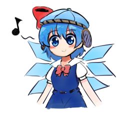 Rule 34 | 1girl, blue bow, blue dress, blue eyes, blue hair, blush, bow, bowtie, cirno, closed mouth, collared shirt, commentary, detached wings, dress, english commentary, ferdy&#039;s lab, hair between eyes, hair bow, highres, ice, ice wings, looking at viewer, musical note, pinafore dress, puffy short sleeves, puffy sleeves, red bow, red bowtie, shirt, short hair, short sleeves, simple background, sleeveless dress, smile, solo, touhou, white background, white shirt, wings