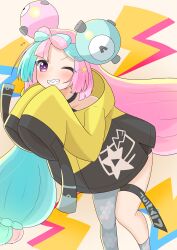 Rule 34 | +++, 1girl, absurdres, altair altea, blush, bow-shaped hair, character hair ornament, commentary request, creatures (company), game freak, grin, hair ornament, highres, iono (pokemon), jacket, leaning, long hair, looking at viewer, multicolored hair, nintendo, one eye closed, own hands together, pokemon, pokemon sv, purple eyes, single leg pantyhose, sleeves past fingers, sleeves past wrists, smile, solo, star (symbol), teeth, thigh strap, two-tone hair, yellow jacket