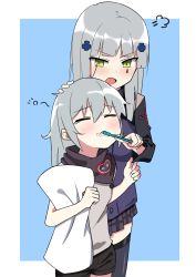Rule 34 | 2girls, angry, blue background, brushing another&#039;s teeth, commentary request, cross, crying, g11 (girls&#039; frontline), girls&#039; frontline, green eyes, hair ornament, highres, hk416 (girls&#039; frontline), long hair, multiple girls, open mouth, pillow, poyano, silver hair, sleepy, toothbrush
