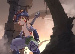 Rule 34 | 1boy, blaze reap, brown background, brown hair, child, closed mouth, commentary, english commentary, facial mark, fake horns, hair between eyes, helmet, highres, hitosoroi, horned helmet, horns, legs apart, looking at viewer, looking to the side, made in abyss, male focus, mechanical arms, navel, pants, pants tucked in, puffy pants, regu (made in abyss), ruins, short hair, signature, slit pupils, smoke, solo, standing, topless male, weapon, weapon on back, yellow eyes