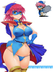 Rule 34 | 1990s (style), 2girls, alternate costume, blue mage (final fantasy), blue panties, breasts, cameltoe, cape, chibi, cleavage, colored eyelashes, copyright name, crop top, curvy, dual persona, final fantasy, final fantasy v, fingerless gloves, g-string, gloves, green eyes, hat, large breasts, lenna charlotte tycoon, looking at viewer, mask, midriff, multiple girls, navel, panties, pink hair, plump, retro artstyle, short hair, shoulder pads, smile, thong, uncoco, underwear, white background, wide hips