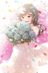 Rule 34 | 1girl, bare shoulders, blue flower, blue rose, bouquet, brown hair, commentary request, confetti, cowboy shot, dappled sunlight, dress, flower, highres, holding, holding bouquet, igarashi masakuni, light particles, long hair, looking at viewer, official art, open mouth, petals, red eyes, rose, senryuu shoujo, smile, solo, strapless, strapless dress, sunlight, white dress, yukishiro nanako