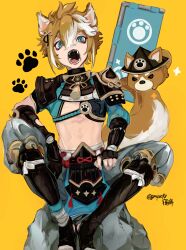 Rule 34 | 1boy, absurdres, animal ears, armor, blue eyes, brown hair, dog, dog ears, dog tail, fangs, genshin impact, gmpoo93, gorou (genshin impact), highres, looking at viewer, male focus, midriff, multicolored hair, on rock, open mouth, pauldrons, paw print, rock, shoulder armor, simple background, sitting, sitting on rock, solo, tail, white hair, yellow background