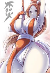 Rule 34 | 1girl, bare legs, bare shoulders, breasts, brown hair, cameltoe, cleavage, curvy, fatal fury, female focus, highres, huge breasts, legs, leotard, long hair, looking at viewer, nipples, ponytail, shiny skin, shiranui mai, solo, standing, the king of fighters, wakame