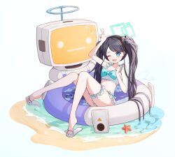 Rule 34 | &lt;key&gt; (blue archive), 1girl, absurdly long hair, aris (blue archive), bare arms, bare legs, bare shoulders, beach, bikini, black hair, blue archive, blue eyes, blush, green halo, gyeou lee, halo, highres, innertube, long hair, looking at viewer, ocean, one eye closed, open mouth, sandals, smile, solo, swim ring, swimsuit, toes, twintails, very long hair, water, white bikini