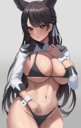 Rule 34 | 1girl, absurdres, animal ears, atago (azur lane), atago (stunning speedster) (azur lane), azur lane, bikini, black bikini, black hair, blush, bow, breasts, brown eyes, cleavage, commentary, crop top, ear ribbon, grey background, hair ornament, highres, long hair, looking at viewer, navel, onedoo, race queen, simple background, skindentation, solo, swimsuit, symbol-only commentary, wrist cuffs