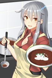 Rule 34 | 10s, 1girl, apron, bad id, bad pixiv id, belt, black belt, borscht (food), bowl, breasts, cleavage, commentary request, cooking, food, gangut (kancolle), hair between eyes, hair flaps, hair ornament, hairclip, highres, kantai collection, kitchen, ladle, large breasts, long hair, looking at viewer, open clothes, open mouth, open shirt, orange eyes, pallad, pot, red shirt, scar, shirt, silver hair, solo, tiles