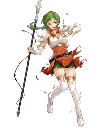 Rule 34 | 1girl, armor, belt, boots, breastplate, broken armor, dress, elbow gloves, fingerless gloves, fire emblem, fire emblem: the sacred stones, fire emblem heroes, full body, gloves, gold trim, green eyes, green hair, hand up, highres, holding, holding weapon, long hair, looking away, low ponytail, nintendo, non-web source, official art, one eye closed, open mouth, polearm, ponytail, short dress, shoulder armor, shoulder pads, sidelocks, sleeveless, spear, teeth, thigh boots, thighhighs, torn clothes, torn gloves, transparent background, upper teeth only, uroko (mnr), vanessa (fire emblem), weapon, zettai ryouiki