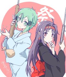 Rule 34 | 2girls, ahoge, aqua eyes, aqua hair, arm pouch, asagi501, back bow, black kimono, blue kimono, bow, collarbone, commentary request, cork, cork gun, from side, gun, hair between eyes, hair intakes, hair ornament, hairclip, hand on own chin, hands up, headband, highres, holding, holding gun, holding weapon, japanese clothes, kimono, long hair, multiple girls, pink background, pointy ears, pouch, purple hair, red bow, red eyes, red headband, short hair, sidelocks, sinon, sword art online, tossing, translation request, twitter username, two-tone background, two-tone headband, upper body, weapon, white background, yellow headband, yuuki (sao)
