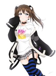 Rule 34 | 1girl, :o, black choker, black jacket, black thighhighs, blue eyes, blue thighhighs, blush, brown hair, choker, earrings, feet out of frame, grey skirt, hair between eyes, hair bobbles, hair ornament, highres, hood, hoodie, jacket, jewelry, long hair, looking at viewer, love live!, love live! nijigasaki high school idol club, miniskirt, open clothes, open jacket, osaka shizuku, parted lips, pleated skirt, pom pom (clothes), pom pom hair ornament, shiratama (siratama ll), sidelocks, simple background, skirt, sleeves past fingers, sleeves past wrists, solo, striped clothes, striped thighhighs, suspenders hanging, thighhighs, twintails, two-tone legwear, white background, white hoodie, zettai ryouiki