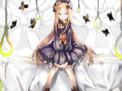 Rule 34 | 1girl, abigail williams (fate), black bow, black dress, black footwear, black hat, blonde hair, blue eyes, bow, bug, butterfly, closed mouth, commentary request, dress, fate/grand order, fate (series), forehead, hair bow, hat, hugging object, insect, juu ame, long hair, long sleeves, looking at viewer, noose, orange bow, parted bangs, polka dot, polka dot bow, rope, shoes, sitting, sleeves past wrists, solo, stuffed animal, stuffed toy, teddy bear, very long hair, white bow
