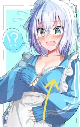 1girl @_@ apron aqua_eyes arrow_(symbol) bang_dream! blue_jacket blush bra breasts cleavage hair_between_eyes highres jacket kurata_mashiro long_sleeves maid_headdress medium_hair minegishi_yuta nose_blush puffy_long_sleeves puffy_sleeves sleeves_past_wrists small_breasts solo sportswear tearing_up underwear waist_apron