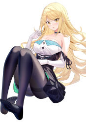 Rule 34 | 1girl, alternate costume, bare shoulders, black choker, black pantyhose, black skirt, blonde hair, blush, breasts, chestnut mouth, choker, collarbone, cross-laced clothes, dress, elbow gloves, feet, gloves, highres, large breasts, looking at viewer, mythra (xenoblade), open mouth, pantyhose, pleated skirt, ririko (zhuoyandesailaer), simple background, sitting, skirt, sleeveless, sleeveless dress, solo, thighband pantyhose, thighs, white background, white gloves, xenoblade chronicles (series), xenoblade chronicles 2, yellow eyes