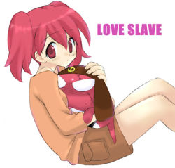 Rule 34 | 1girl, bare legs, brown eyes, creature, english text, giroro, hinata natsumi, hug, keroro gunsou, knees up, long sleeves, looking at viewer, lowres, red eyes, red hair, short twintails, shorts, simple background, solo, sweater, text focus, twintails, white background